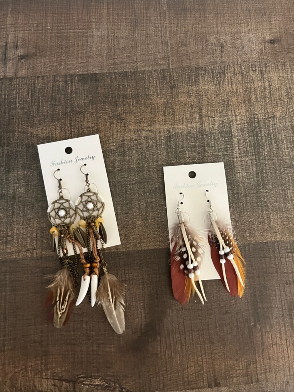 Boho Feather Dreamcatcher Earrings - Brown, Tan & Cream